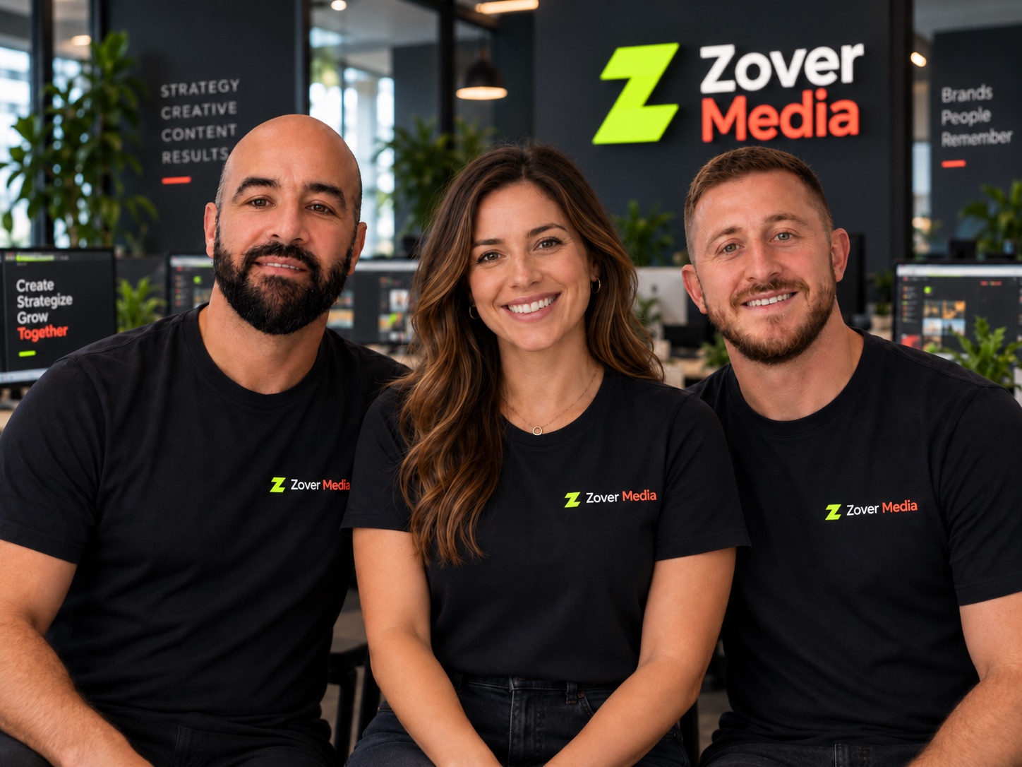 Three members of the Zover Media team seated together in the Sydney studio